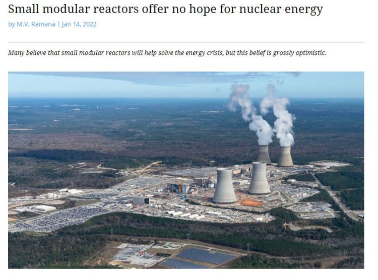 Text: Small modular reactors offer no hope for nuclear energy; image: nuclear reactors at Vogtle.